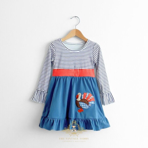 Other - NWT Cute Girls Long Sleeve Embroidered Dress Turkey Orange & Cornflower Blue 3T